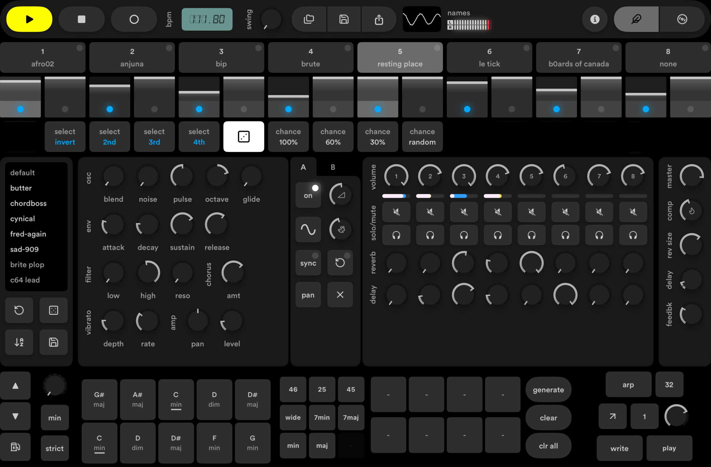 UN-001 groovebox interface with sequencer grid, waveform lanes, and sound controls